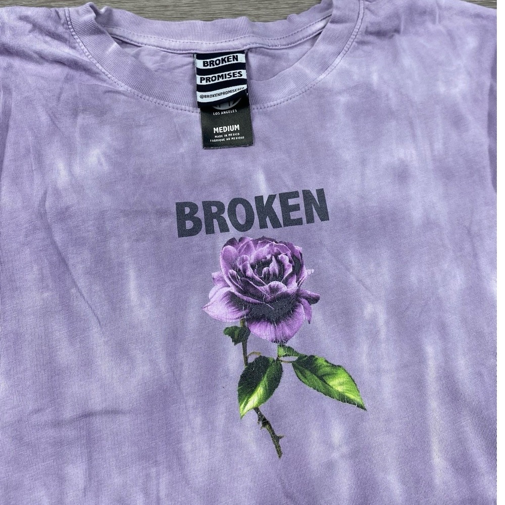 Broken Promises Unisex T-Shirt Rose Graphic Tie Dye Purple White Medium